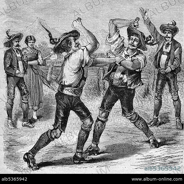 Fist fight with brass knuckles in Tyrol, historical engraving, 1888.
