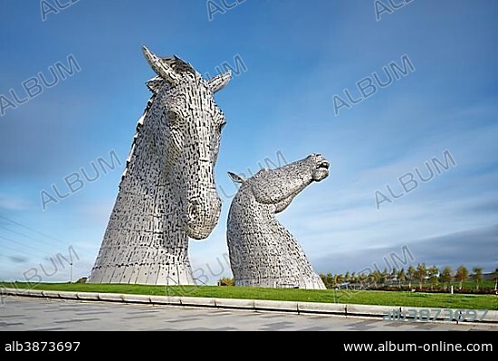 Two sculptures made of steel, horse figure, The Kelpies, Helix Park, near Falkirk, Scotland, Great Britain.