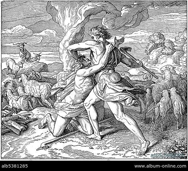 Woodcut, Kain and Abel, the fratricide, Genesis 4, 8, creation of the world, Old Testament, Catholic Picture-Bible.