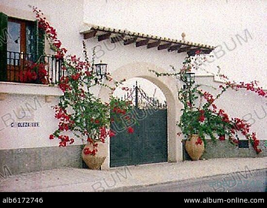 TINAJAS CON BUGANVILLA PLANTADA EN LA PUERTA DE UNA FINCA.