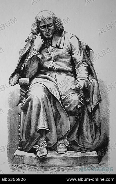Baruch de Spinoza, 1632 - 1677, Dutch philosopher, statue in The Hague, woodcut from 1880.