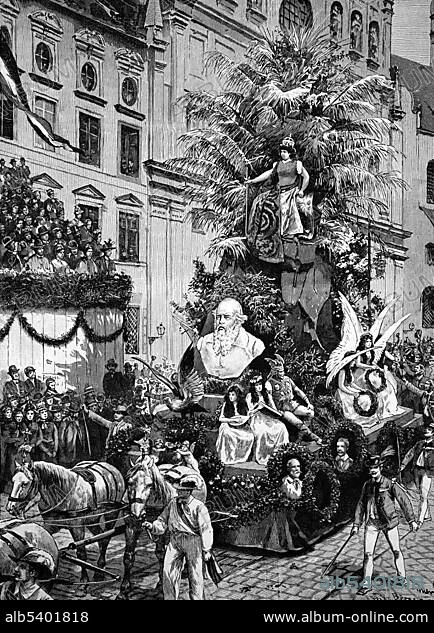 A float of the festival procession, Seventh German Gymnastics Festival in Munich, Bavaria, Germany, historical engraving, about 1888, Europe.