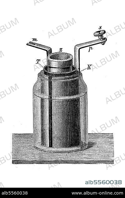 Daniell’sches Element, eine historische galvanische Zelle, die aus einer Zink- und einer Kupfer-Halbzelle besteht, 1836, digital restaurierte Reproduktion einer Originalvorlage aus dem 19. Jahrhundert.