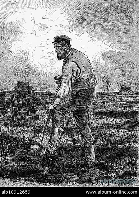 Farmer cutting peat, East Frisia, Lower Saxony, moor, work, spade, stack, house, plants, laborious, Germany, historical illustration 1880, Europe.