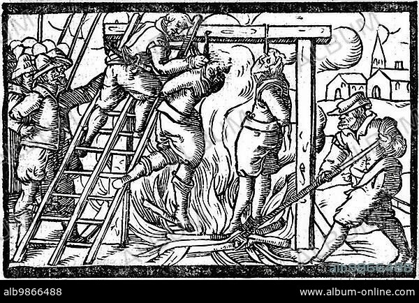 Burning of witches hanging on the gallows, around 1613 in Roermond in Holland, Historic, digitally restored reproduction from an original of the time.