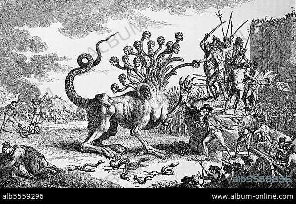 Patriotic hunt for the great monster, freshwater polyp (Hydra) of the aristocracy slain by the victors of the Bastille, 1789, French Revolution, France, digitally restored reproduction of a 19th century original, exact date unknown, Europe.