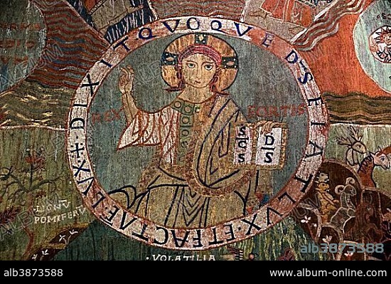Tapis de la creació, Tapestry of Creation or Girona Tapestry, 11th century, Christ Pantocrator at the centre, Girona Cathedral, Cathedral of Saint Mary of Girona, Girona, Catalonia, Spain, Europe.