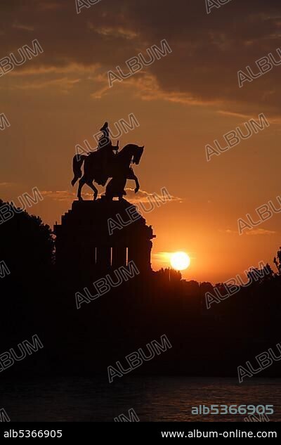 Equestrian statue of Kaiser Wilhelm, emperor, at the Deutsches Eck, sunset, Koblenz, Rhineland-Palatinate, Germany, Europe.