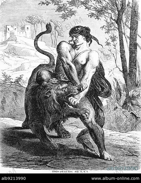 Samson and the Lion, spirit, God, tear, bucklien, he-goat, father, mother, landscape, mountain, building, tree, battle, Bible, Old Testament, Book of Judges, chapter 14, verses 5 and 6, historical illustration c. 1850, Middle East.