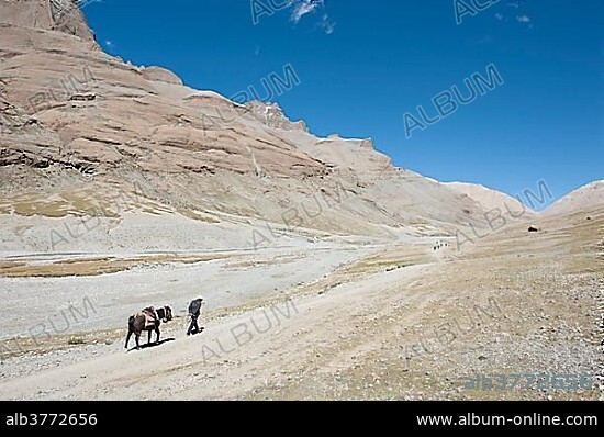 Tibetan with horse, Tibetan Buddhism, long pilgrimage route to the sacred Mount Kailash, Gang Rinpoche, Kora, Ngari, Gang Tise-Mountains, Trans-Himalaya, Himalayas, West Tibet, Tibet Autonomous Region, People's Republic of China, Asia.