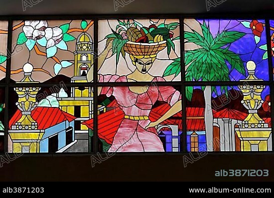 Coloured, stained glass windows in the lobby, reception area of the 4-star Brisas Trinidad Del Mar Hotel, Trinidad, Cuba, Greater Antilles, Caribbean, Central America, America, Central America.