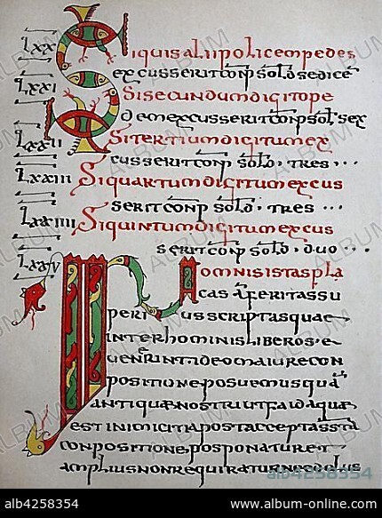Edict of the Lombard King Rothari of the year 643, the oldest manuscript of the Lombard Laws, written between 671 and 736, preserved in the Abbey Library of St. Gallen, woodcut, Switzerland, Europe.