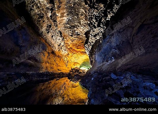 CÉSAR MANRIQUE. Water reflections in the cave Cueva de los Verdes, illuminations of the cave system of a lava tube designed by Cesar Manrique, Lanzarote, Canary Islands, Spain, Europe.