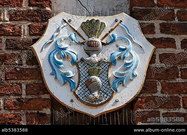 Historic coat of arms on the Anklam Gate, Usedom town, Mecklenburg-Western Pomerania, Germany, Europe.