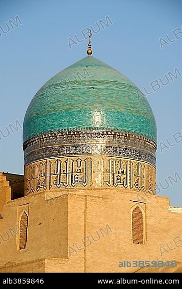 Cupola decorated with blue glazed tiles of Mosque Kalon Bukhara Uzbekistan.