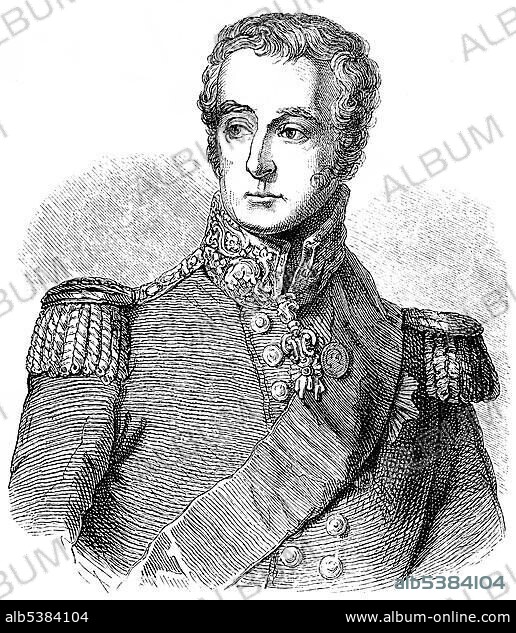Historical drawing from the 19th century, portrait of Arthur Wellesley, 1st Duke of Wellington, 1769 - 1852, field marshal and a British military leader, foreign ministers and prime minister, he won the battle of Waterloo against Napoleon.