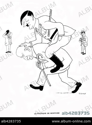 Caricature by Sennep. Vichy governement: 'The Montoire's policy' with Hitler and Petain. October 24, 1940. France, Second World War war.. These photographic works are protected by legislation concerning literary and artistic property in all countries. Royalties are handled by ADAGP. To publish or diffuse these photographs, you must imperatively obtain the authorization of ADAGP or its correspondents abroad and to pay corresponding royalties. If you download this image in high definition, your postal address, telephone number and e-mail address will automatically be forwarded to ADAGP.. ADAGP - 11,rue Berryer - Paris. Tel. : (33) 1 43 59 09 79. Fax : (33) 1 45 63 44 89. E-mail : adagp@adagp.fr. Web : http://www.adagp.fr.