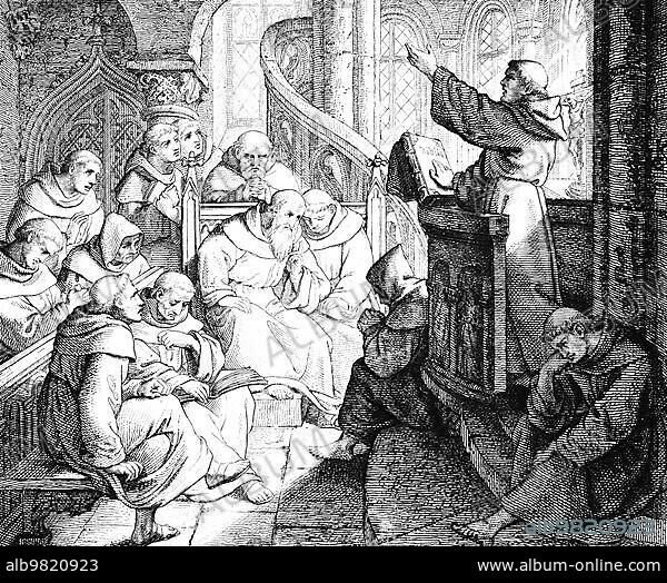 Martin Luther and the Leipzig Disputation with Eck; year 1519; argument; conversation; dispute; different opinion; church; interior; audience; religion; 16th century; historical illustration c. 1860.