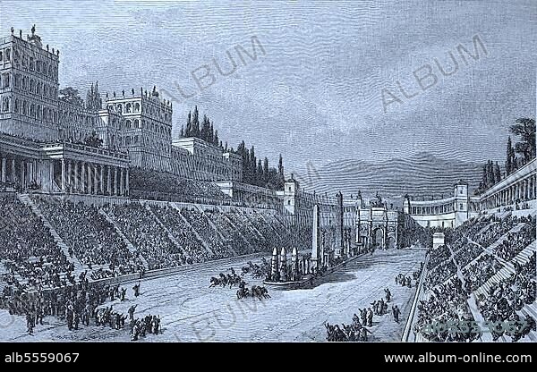 Circus Maximus, italienisch Circo Massimo, war der größte Zirkus im antiken Rom, Rekonstruktion von G. Rehlender, digital verbesserte Reproduktion eines Originaldrucks aus dem 19. Jahrhundert.