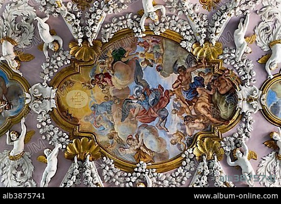 Baroque stucco ceiling with cherubs, angels and frescoes in the sacristy, Church of San Michele, Stampace, Cagliari, Sardinia, Italy, Europe.