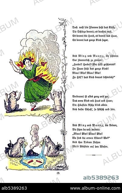Book illustration, Die gar traurige Geschichte mit dem Feuerzeug, The Dreadful Story of Pauline and the Matches, Der Struwwelpeter, Shaggy Peter, Dr. Heinrich Hoffmann, 1876.
