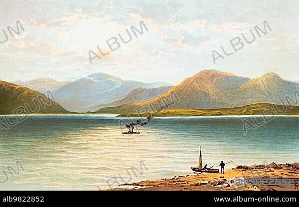 Ardgower Mountains seen from Ballachulish; Loch Leven; Grampian Mountains; mountains; steamer; sailboat; loch; landscape; historical illustration 1889; Scotland; Great Britain.