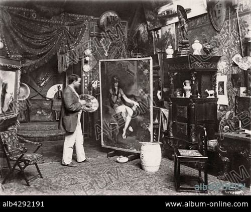 French painter Henri-Pierre Jamet in his Paris studio, c.1885.. Albumen print. Henri-Pierre Jamet (1858-1921).