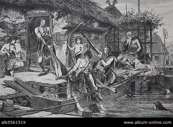 Aus der Zeit der Pfahlbauten, Pfahlbauten, Bodensee, Deutschland, History, digitale Reproduktion einer Originalvorlage aus dem 19. Jahrhundert.