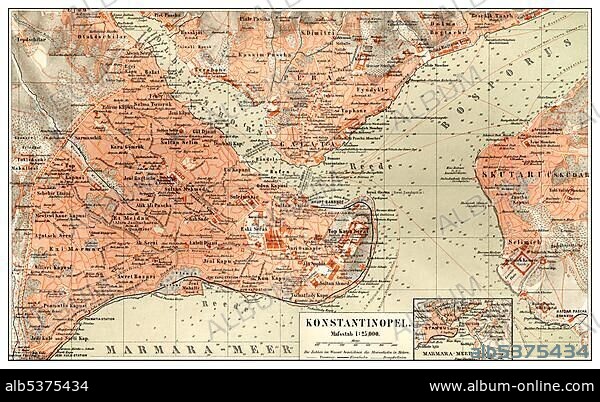 Historic map of Constantinople, Istanbul, Turkey, 19th Century, from Meyers Konversations-Lexikon encyclopaedia, 1889, Asia.