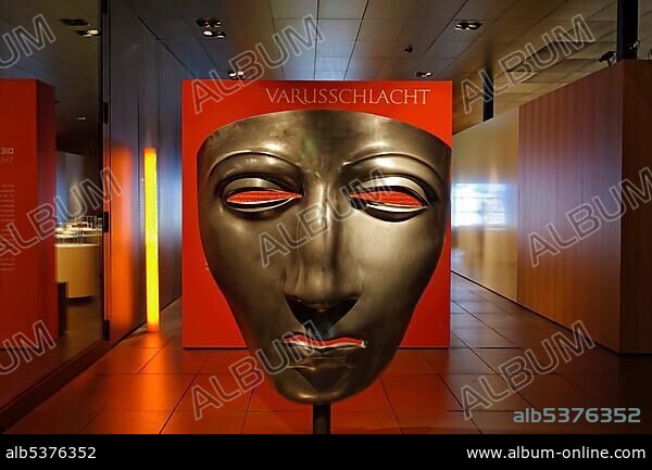 Face mask of a Roman cavalry helmet, enlarged replica, Varus Battle or Battle of the Teutoburg Forest, Kalkriese Museum and Park, Osnabruecker Land region, Lower Saxony, Germany, Europe *** IMPORTANT: WARNING: Publication only with the following note: "Battle of the Teutoburg Forest in Osnabruecker Land region - Kalkriese Museum and Park" ***.