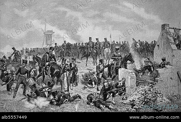 The 11 Hussars at the Battle of Ligny, 16 June 1815, in the Battle of Ligny the French troops of the Grande Armee under Napoleon met a Prussian army under the command of Field Marshal Blücher, Historical, digital reproduction of an original 19th century original.