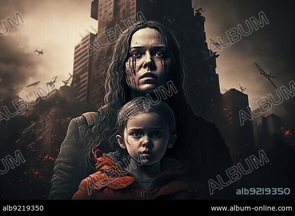 Skyscraper city in the apocalypse with a mother with daughter. Ai generated art.