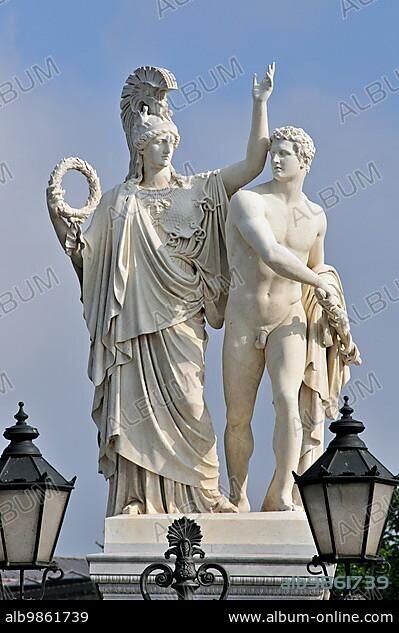 Restored marble statues on the Schlossbrücke in Berlin (August 2010) . The Schlossbrücke, which crosses the western arm of the Spree, was built by Karl Friedrich Schinkel in 1822-1823. A historic bridge railing and 8 marble statues adorn the Palace Bridge, making it one of the most beautiful bridges in Berlin. The Palace Bridge at the eastern end of Unter den Linden in the centre of Berlin was constructed 1821-24. The Bridge was designed by Karl Friedrich Schinkel.