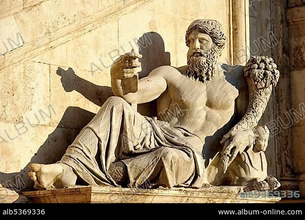 Statue of the Nile river god on Michelangelo's staircase on the Senatorial Palace, Capitol square, Piazza del Campidoglio, Capitoline Hill, Rome, Lazio, Italy, Europe.