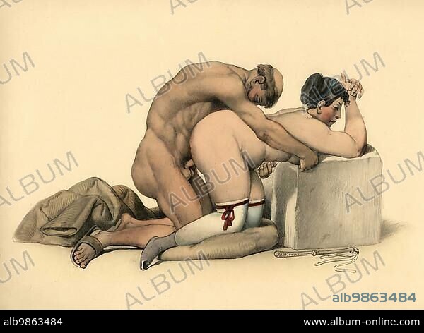 Monk having sex with a woman, Erotic illustration by Peter Johann Nepomuk Geiger, Couple having sex, c. 1850, Austria, Historic, digitally restored reproduction from an original of the period, Europe.