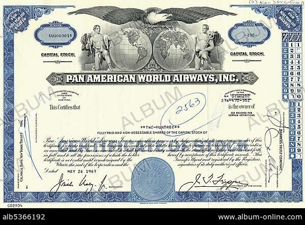 Historical share, Pan American World Airways, Inc., 1967, New York, USA, North America.