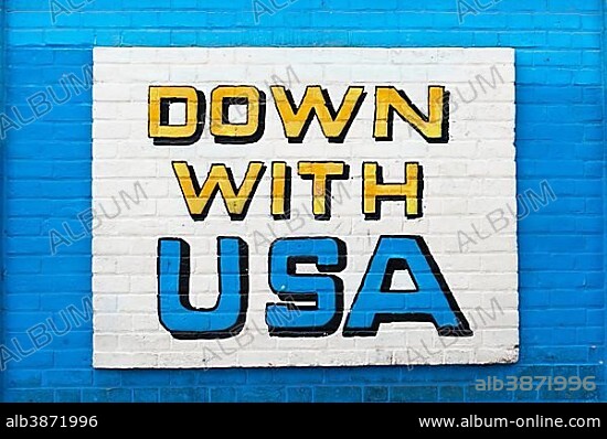 Down with USA, graffiti on a wall, former Embassy of the United States of America in Tehran, Iran, Asia.