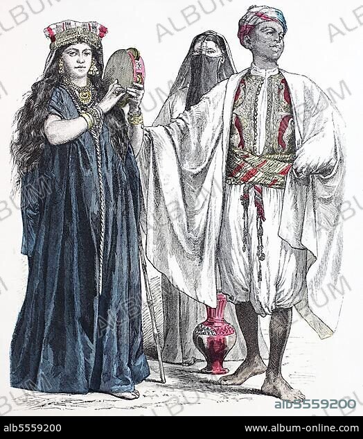 Folk traditional costume, Clothing, History of costumes, Tambourine player, Water bearer, Servant, Egypt, Historical, digitally restored reproduction of a 19th century original, Africa.