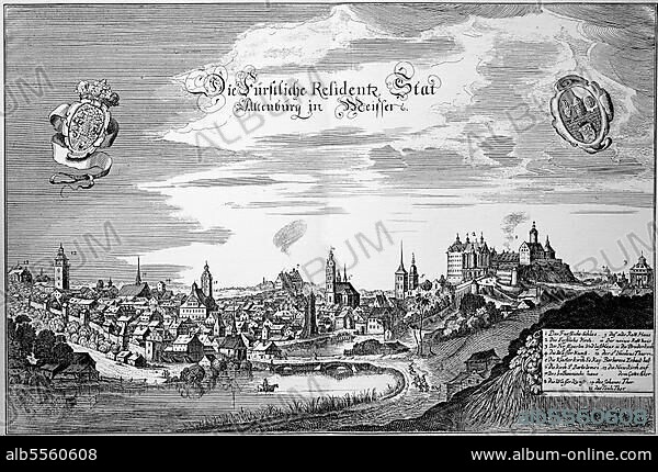 Die Altenburg in Meißen im Mittelalter, Sachsen, Deutschland, Historisch, digital restaurierte Reproduktion einer Originalvorlage aus dem 18. Jahrhundert, genaues Originaldatum nicht bekannt.