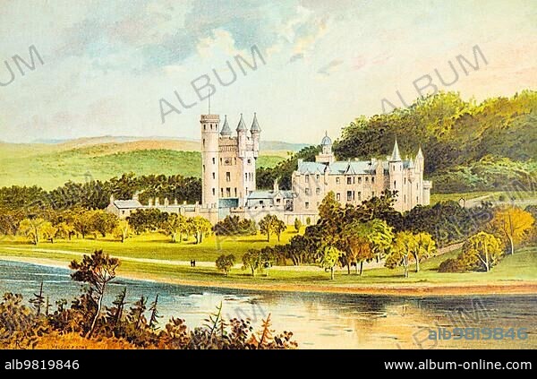 Balmoral Castle; Grampian Mountains; river; royal castle; summer residence; queen; British royal family; park; trees; pedestrians; historical illustration 1889; Scotland; Great Britain.