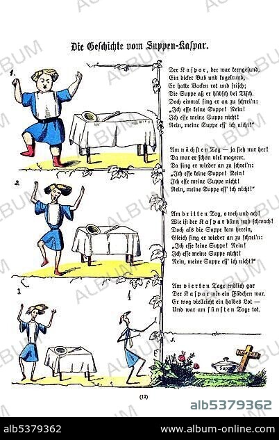 Book illustration, Die Geschichte vom Suppen-Kaspar, The Story of Kaspar who did not have any Soup, Der Struwwelpeter, Shaggy Peter, Dr. Heinrich Hoffmann, 1876.