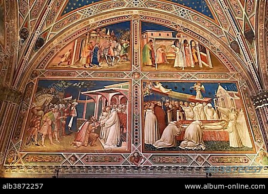 Frescoes in the Sacristy depicting the life of Saint Benedict dating from 1387 and commissioned by Benedetto degli Alberti, San Miniato al Monte Basilica, Florence, Italy, Europe.
