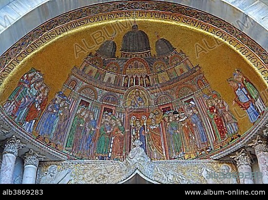 Artistic mosaic over portal, Saint Mark's Basilica, Piazza San Marco, Venice, Italy, Europe.
