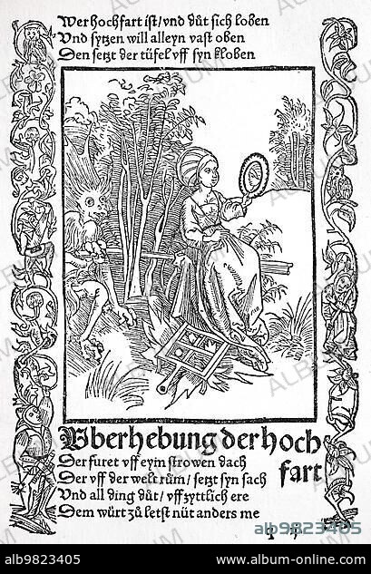 The Ship of Fools by Sebastian Brant; 1494; late medieval moral satire. Of arrogance and courtliness; the woman looks complacently at herself in the mirror and is already sitting on the devil's stick; Historical; digitally restored reproduction from a 19th century original.