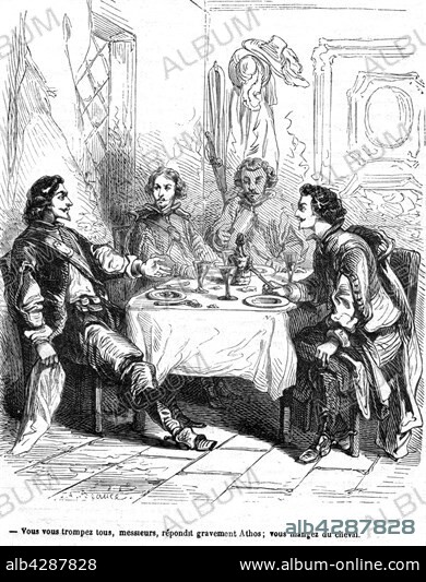 The Three Musketeers. Porthos, Aramis, Athos and d'Artagnan. Engraving, 19th century . Alexandre Dumas. Private collection.