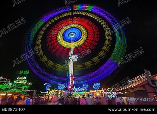 Cyber Space ride at night, Oktoberfest, Theresienwiese, Munich, Oberbayern, Germany, Europe.