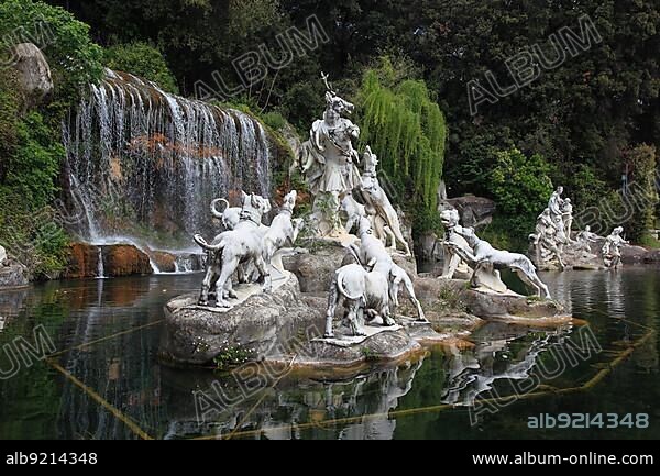 Diana and Actaeon Fountain in the Castle Park, Royal Palace of Caserta, Palazzo Reale di Caserta, Reggia di Caserta, one of the largest castles in Europe, Unesco World Heritage Site, near Naples, Campania, Italy, Europe.