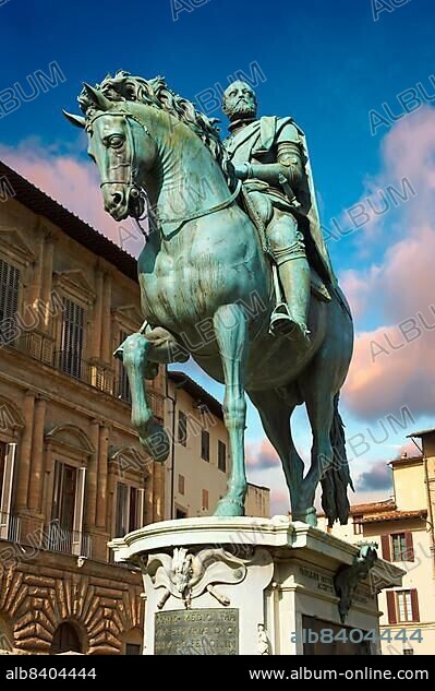 The "bronze equestrian statue of Cosimo I" by Giambologna (1594), Piazza della Signoria in Florence, Italy, Europe.