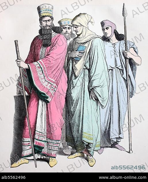 Folk traditional costume, clothing, history of costumes, distinguished Medes and Persians, antiquity, Persia, digitally restored reproduction of a 19th century original, exact date unknown.