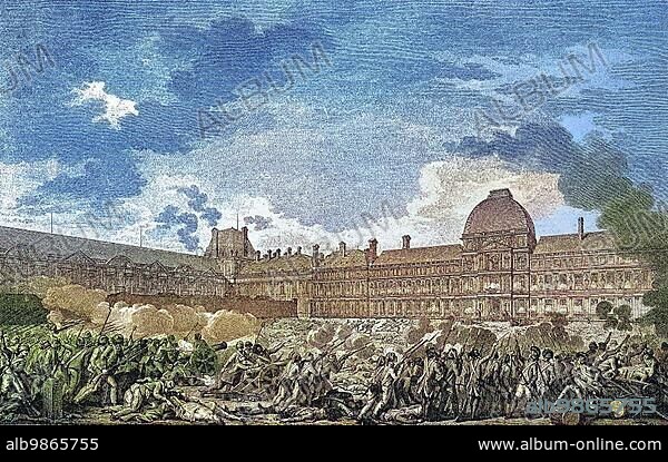 The attack on the Tuileries Palace, French, Palais des Tuileries, was a royal and imperial palace in Paris, 10 August 1792, Fance, digital improved reproduction of an original 19th century print.